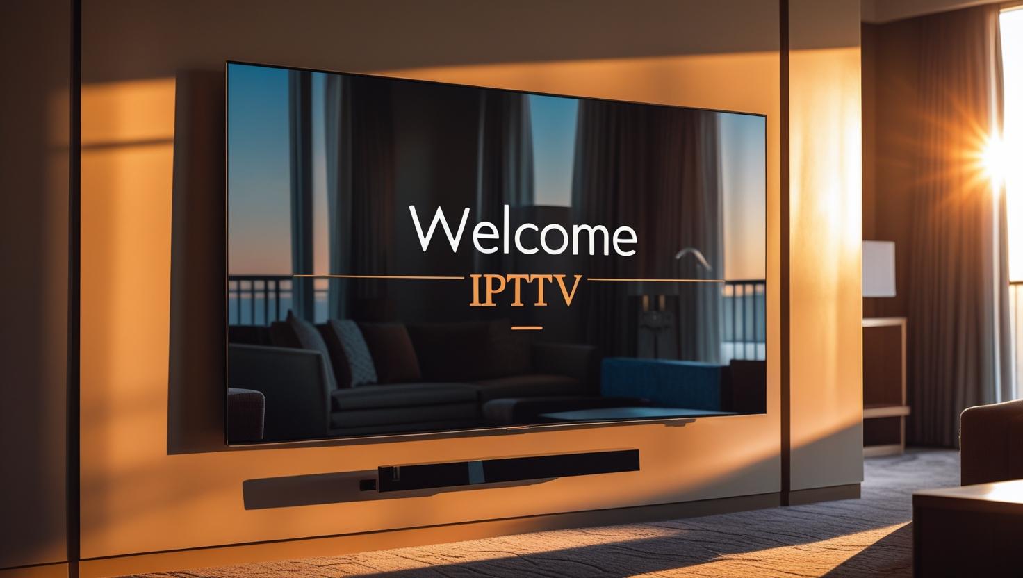 Hotel Room With IPTV Screen Displaying Welcome Message. 3