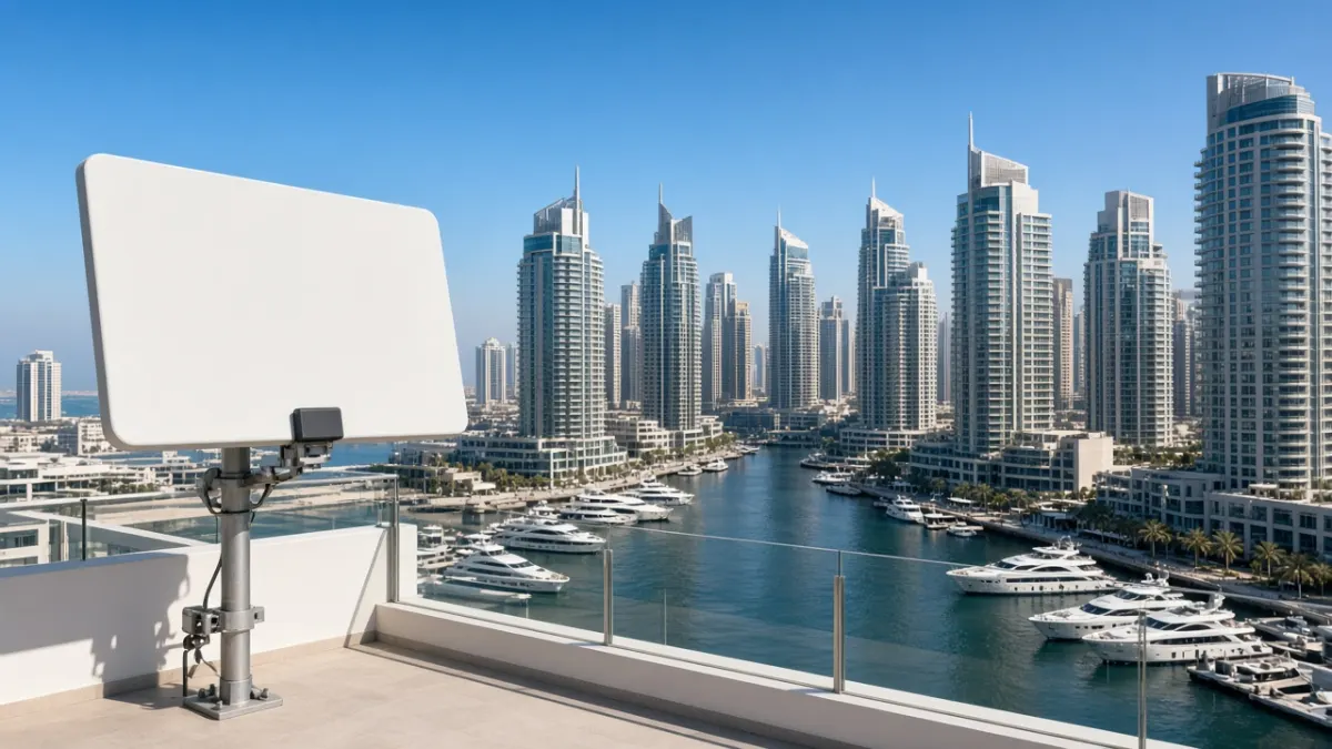 Starlink dish on a Dubai Marina apartment balcony