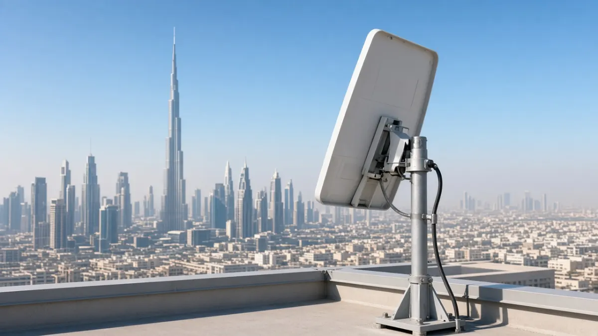 Technician installing a Starlink dish on a villa roof in Dubai
