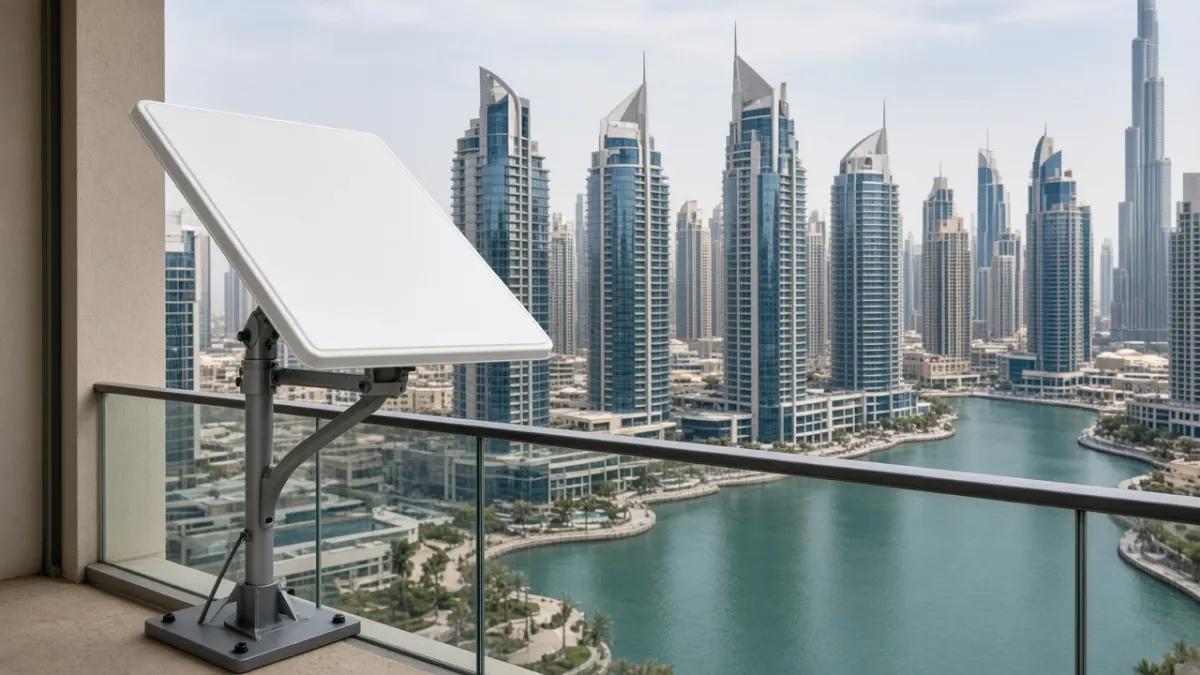 Starlink dish on a high-rise balcony in JLT Dubai