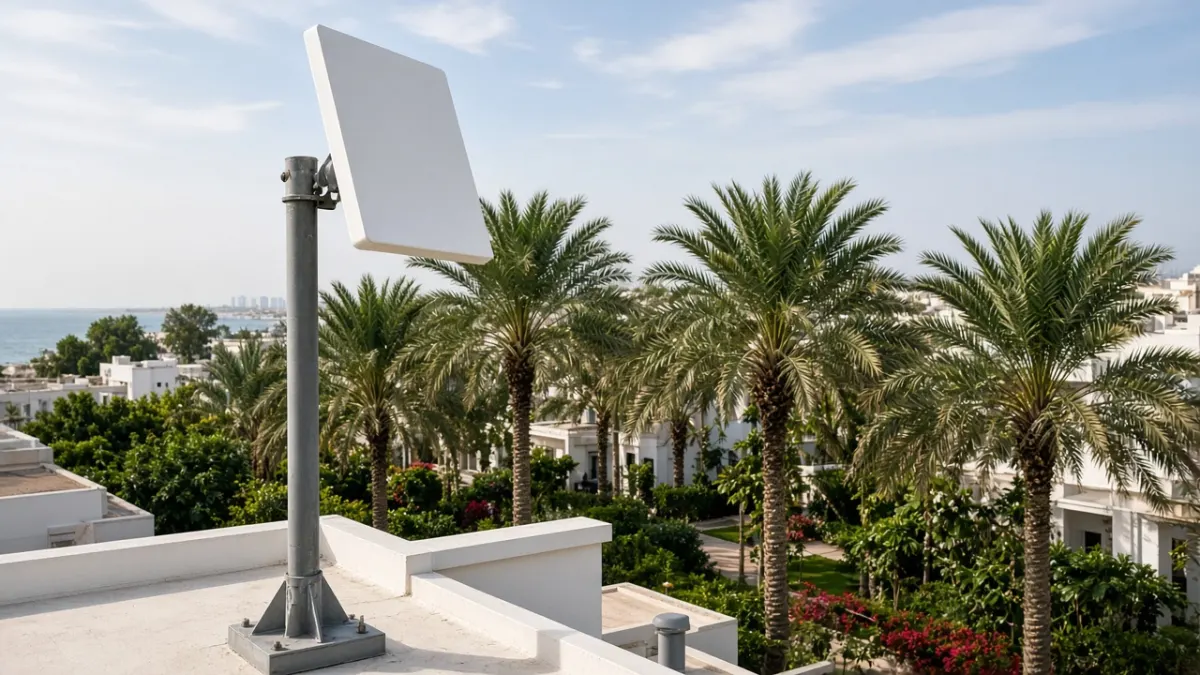 Starlink dish above palm trees on a Jumeirah villa roof