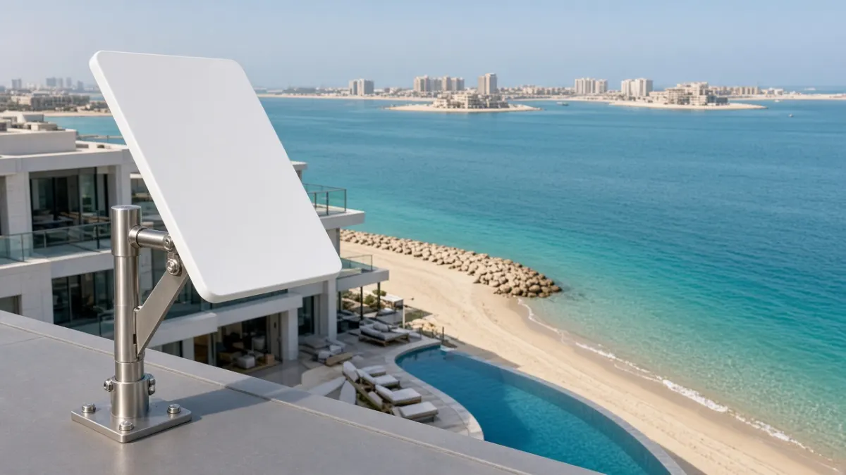 Starlink dish on a Palm Jumeirah frond villa roof facing the sea
